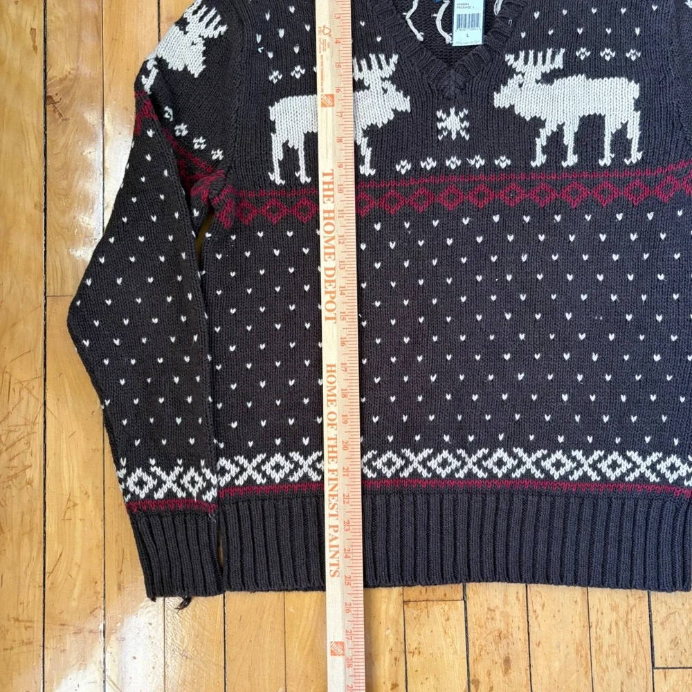 Polo Ralph Lauren Sweater Mens Large Brown Cotton Linen Moose Fair Isle V-Neck